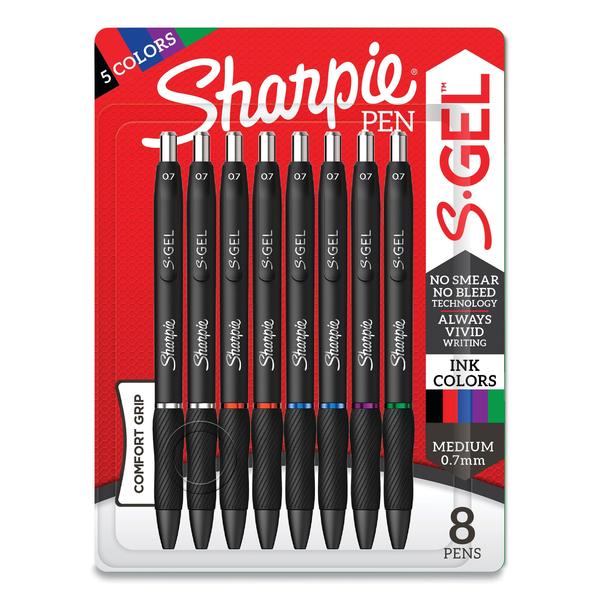 Sharpie S-Gel High-Performance Gel Pen, Retractable, Medium 0.7 mm, 5 Assorted Ink Colors, Black Barrel, PK8 2126231